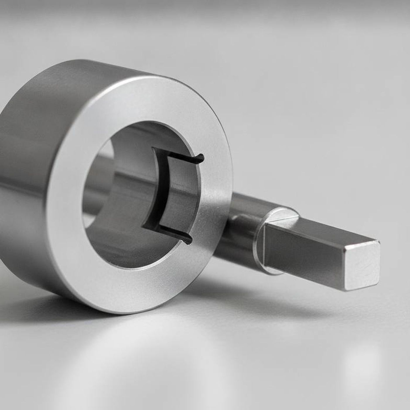 A close-up photograph showing the keyway on a circular slitter knife next to the slitting shaft it mounts on.