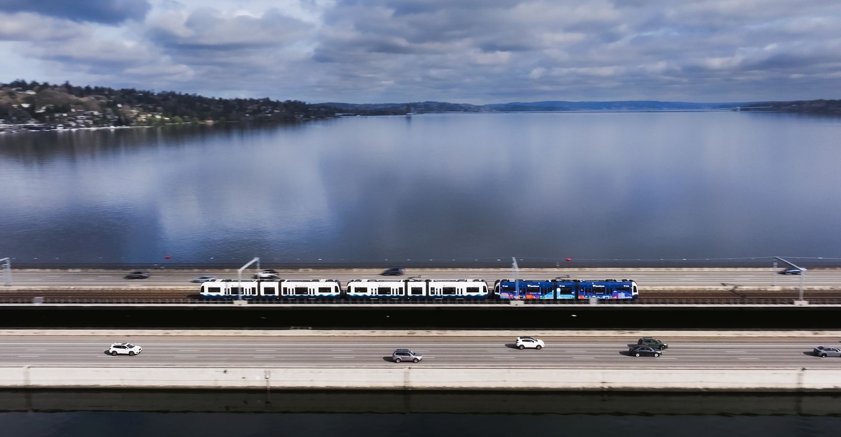 train wrap on crosslake - first light rail on a floating bridge in the world