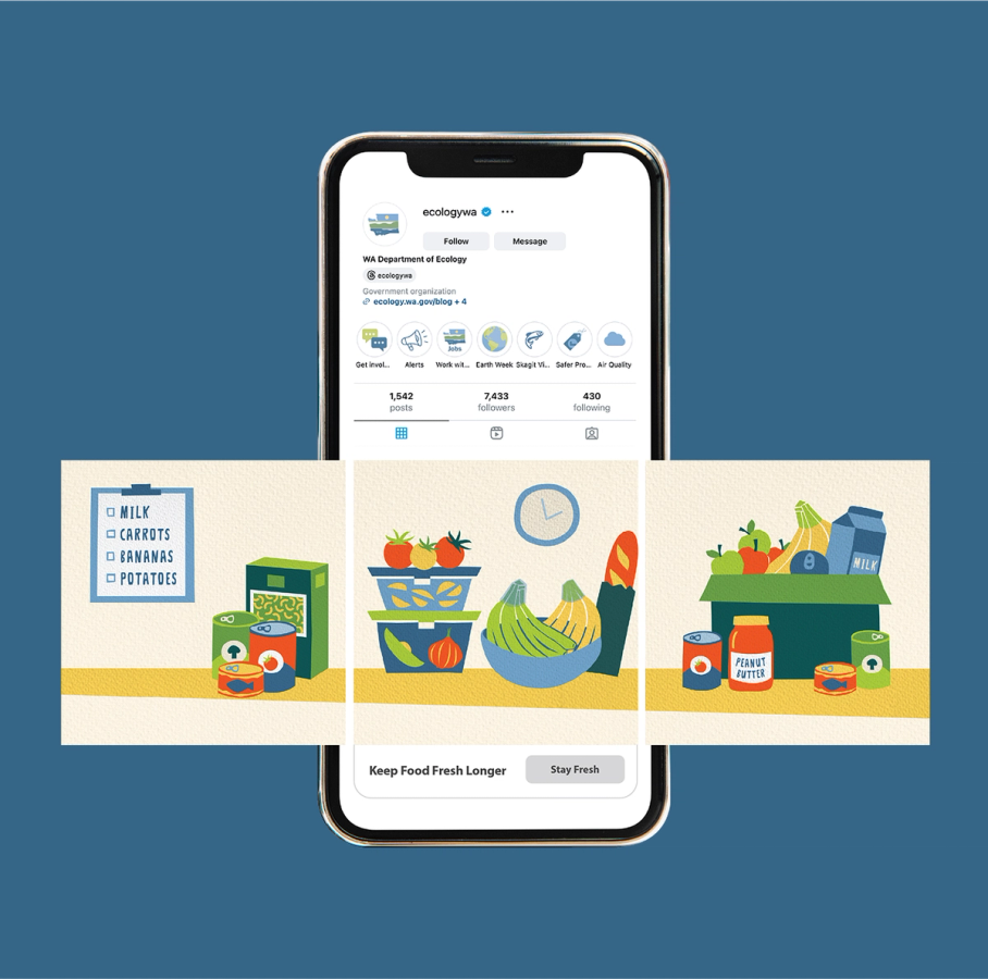 Smartphone mockup of the Use Food Well social media profile showing illustrated pantry and produce items