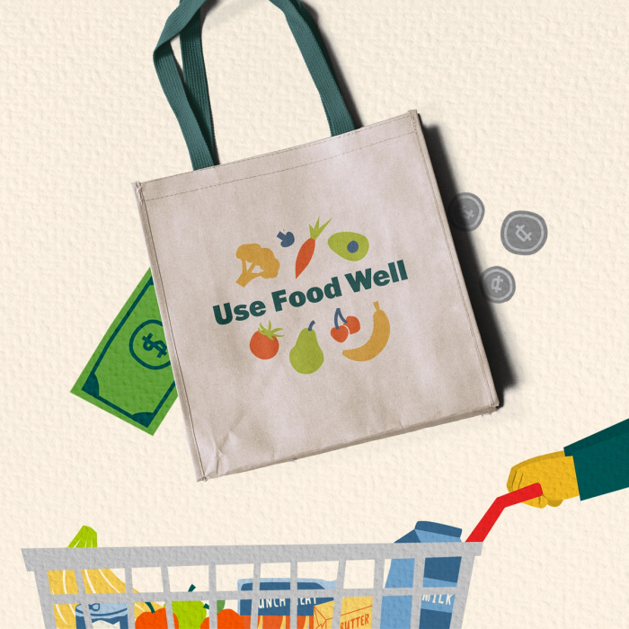 Canvas tote bag with Use Food Well logo and fruit illustrations, alongside a shopping cart and dollar bill