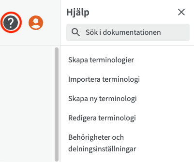 Hjälppanelen med sökfält och snabblänkar till manualen, öppnad med frågetecknet