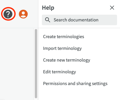 Help panel with search field and quick links to the manual, opened with the question mark