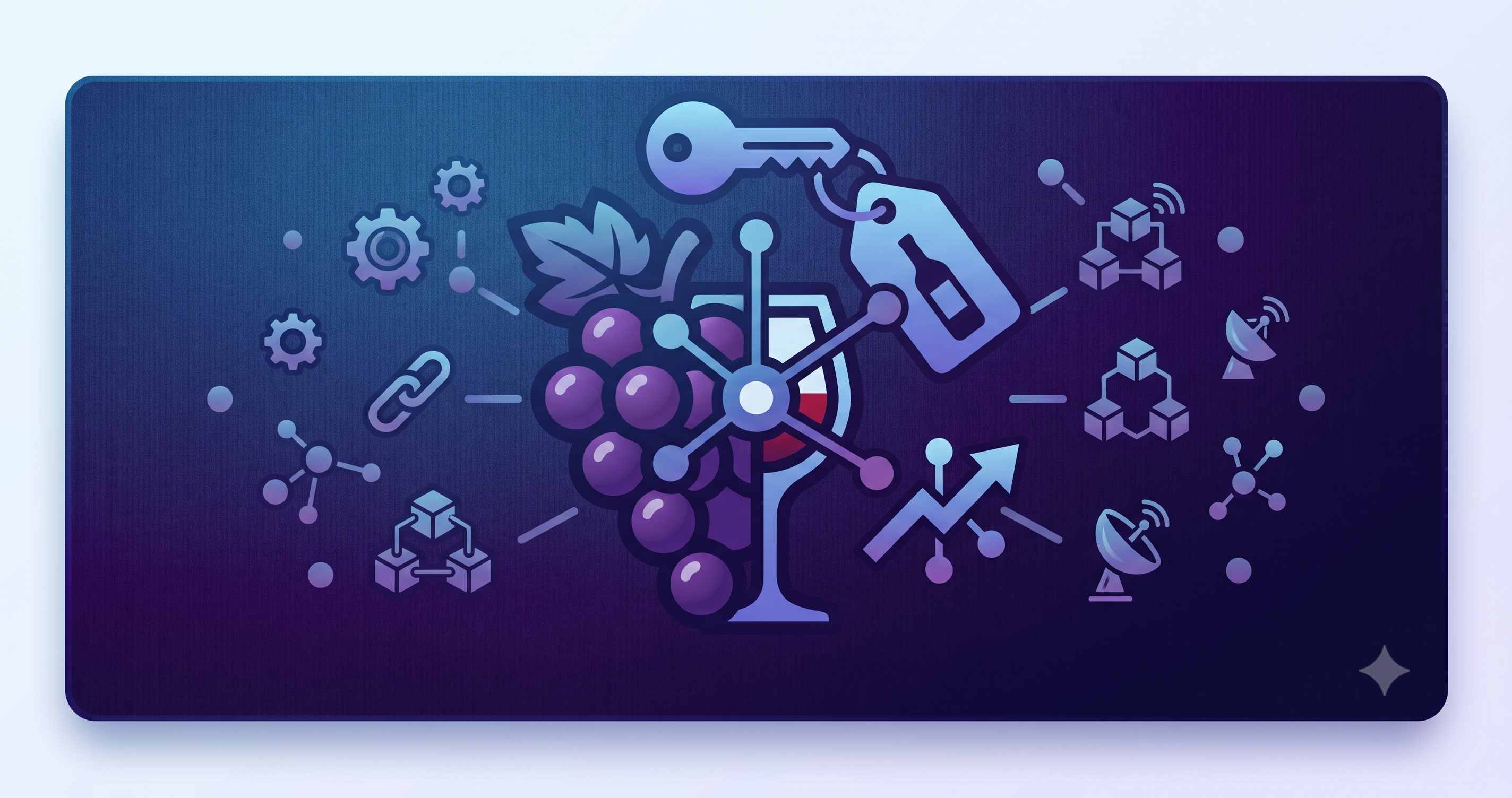 wine grape glass medley image with tech object patterns overlaid and around