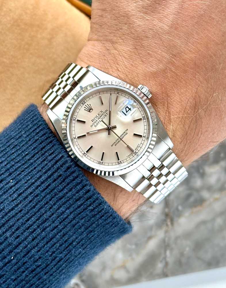 Wrist shot image for Rolex Datejust 16234 Silver 1996 with original box and papers 4