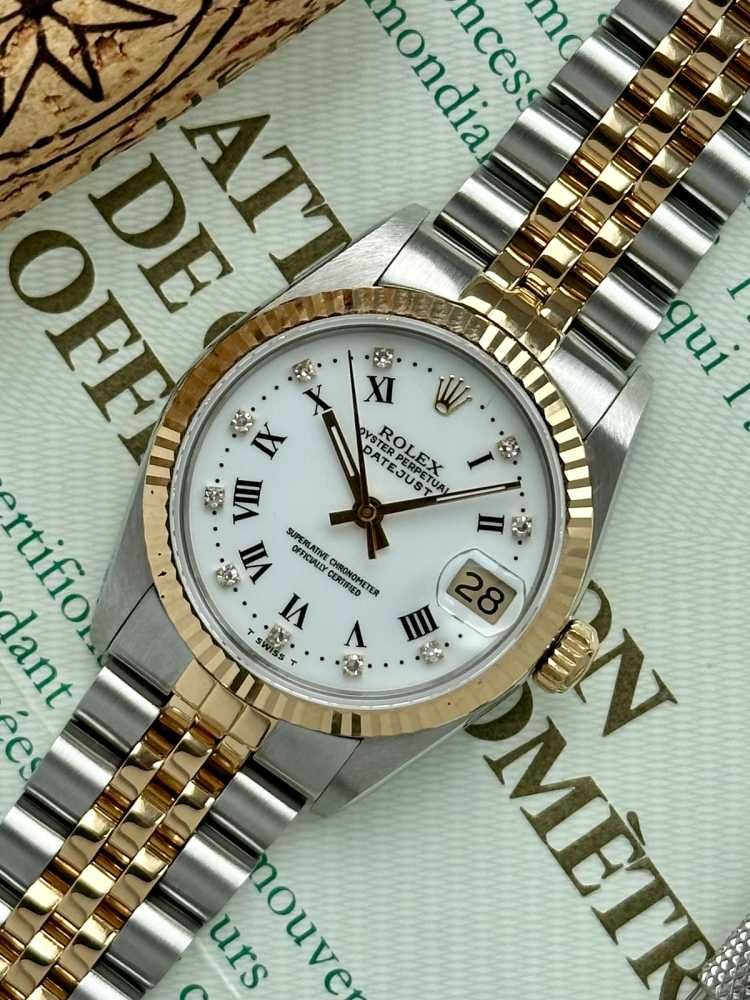 Detail image for Rolex Midsize Datejust "Diamond" 68273G White 1990 with original box and papers