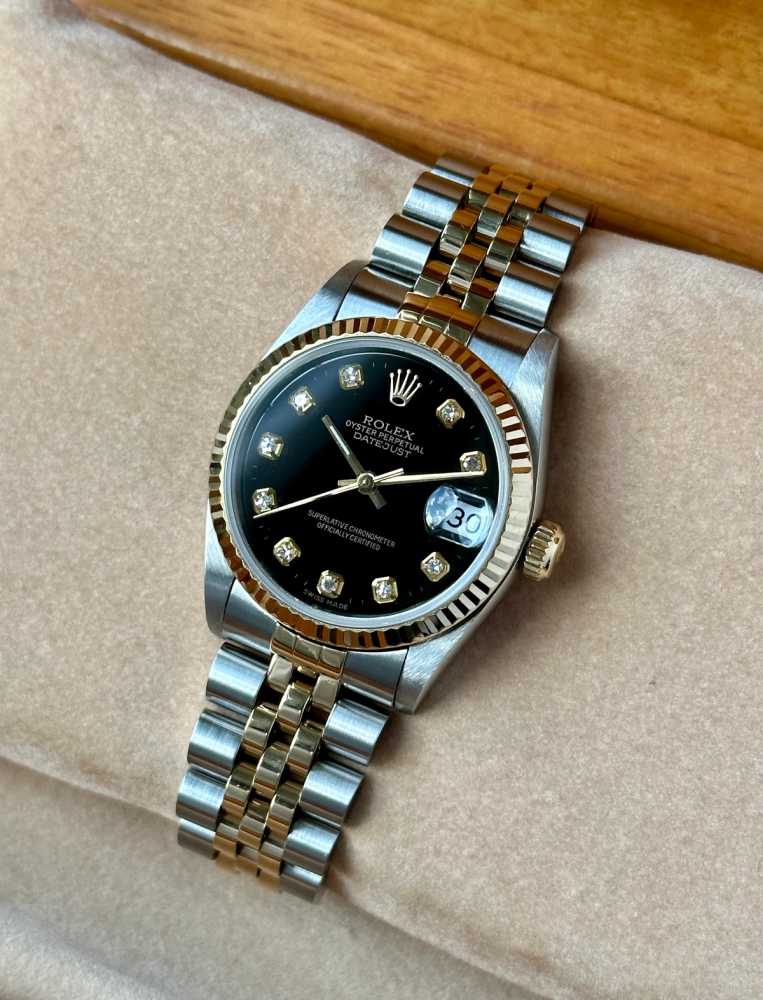 Wrist shot image for Rolex Datejust Midsize "Diamond" 68273 Black 1993 with original box and papers