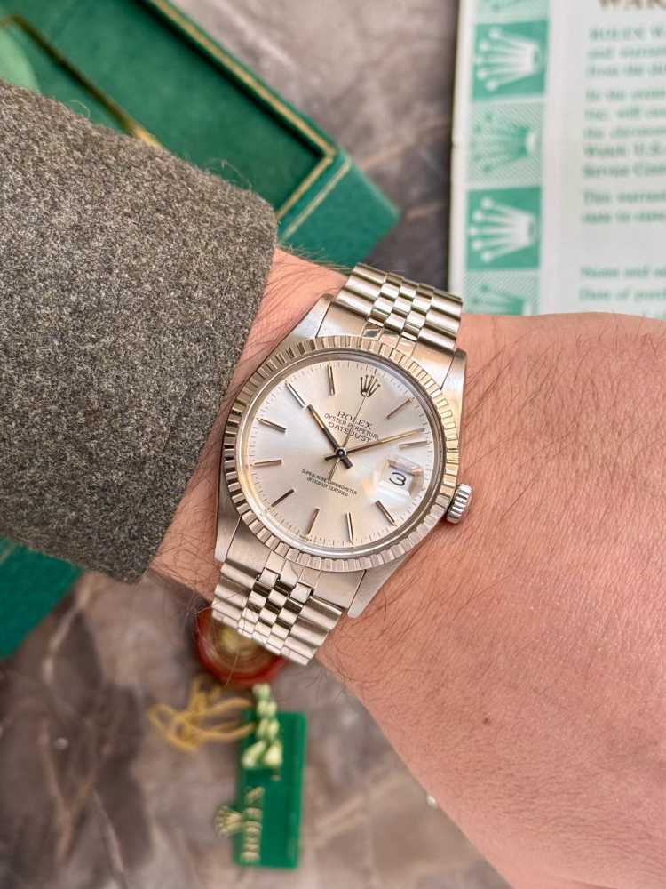 Wrist shot image for Rolex Datejust 16030 Silver 1984 with original box and papers