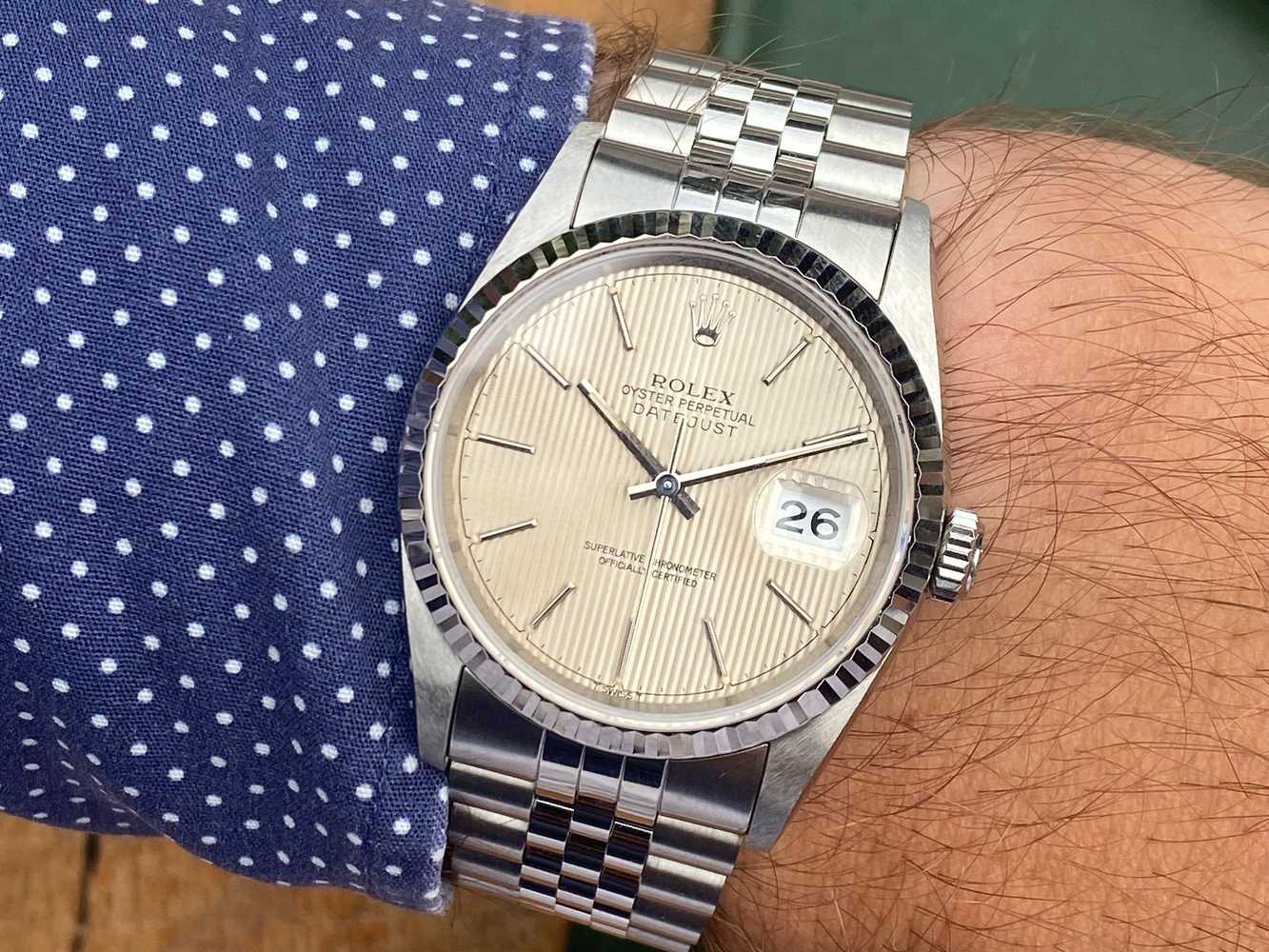 Wrist shot image for Rolex Datejust "tapestry" 16234 Silver 1994 with original box and papers