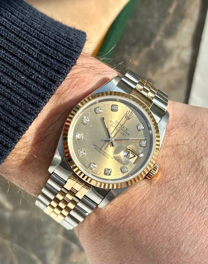 Wrist shot image for Rolex Datejust "Diamond" 16233 Gold 1995 with original box and papers