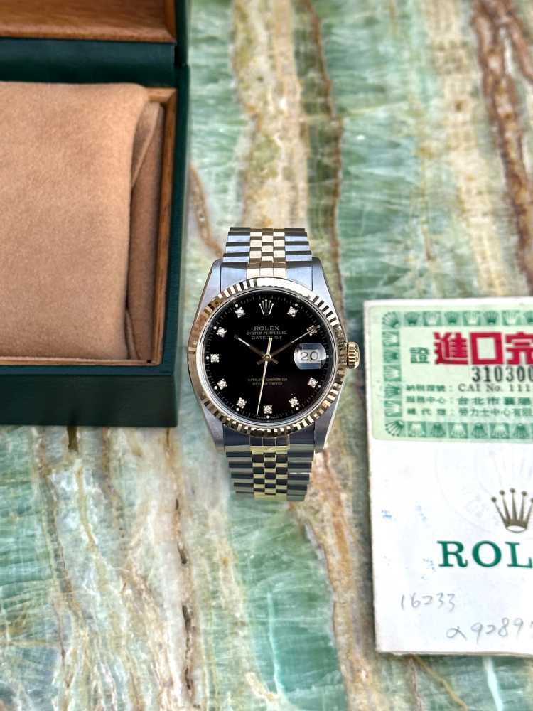 Image for Rolex Datejust Diamond Dial 16233 Black 1991 with original box and papers