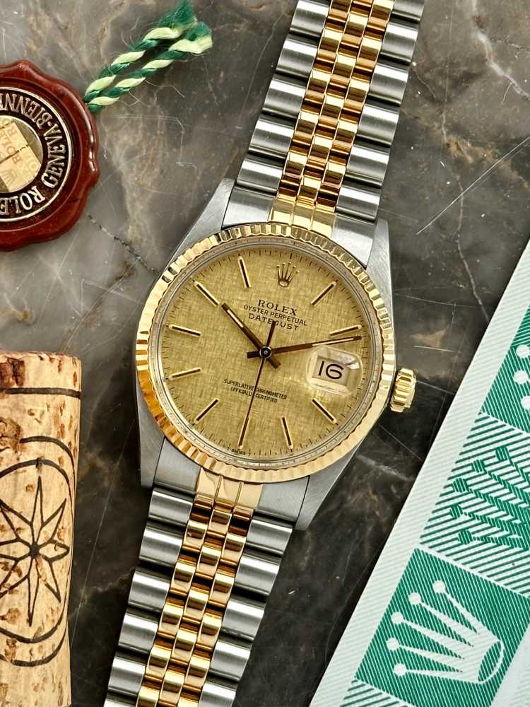 Featured image for Rolex Datejust "Linen" 16013 Gold 1985 with original box and papers