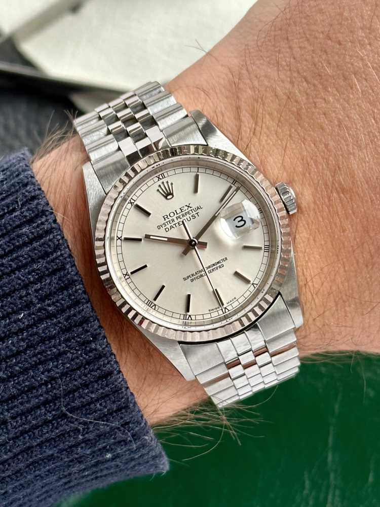 Wrist shot image for Rolex Datejust 16234 Silver 2000 with original box and papers