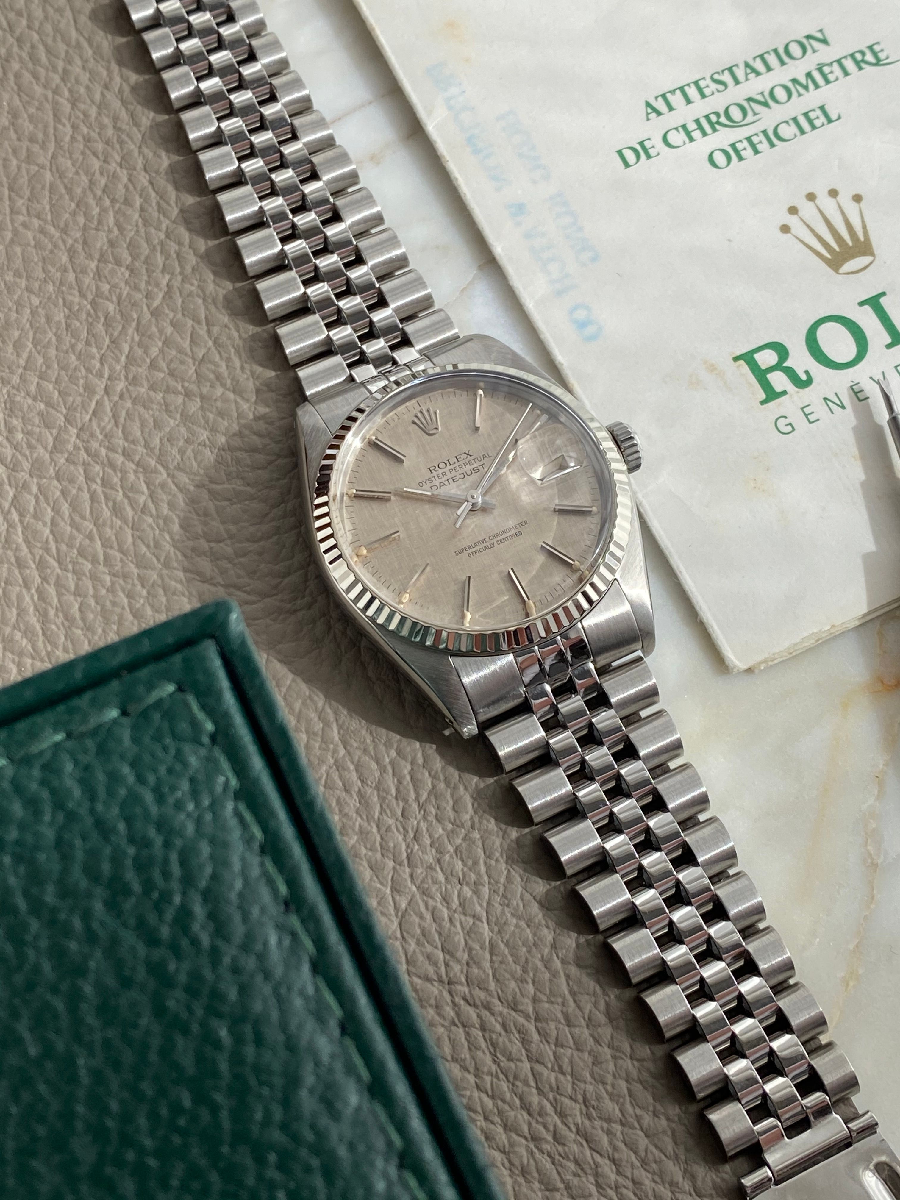 Rolex Datejust 16014 Silver Linen 1980 with original box and papers