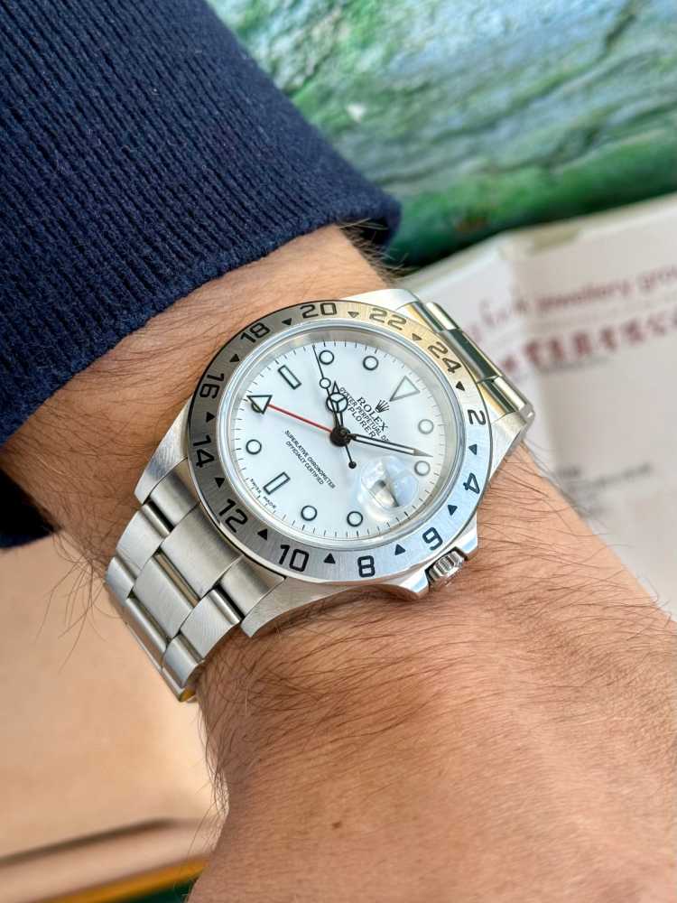 Wrist shot image for Rolex Explorer II "Polar" 16570 T White 2004 with original box and papers