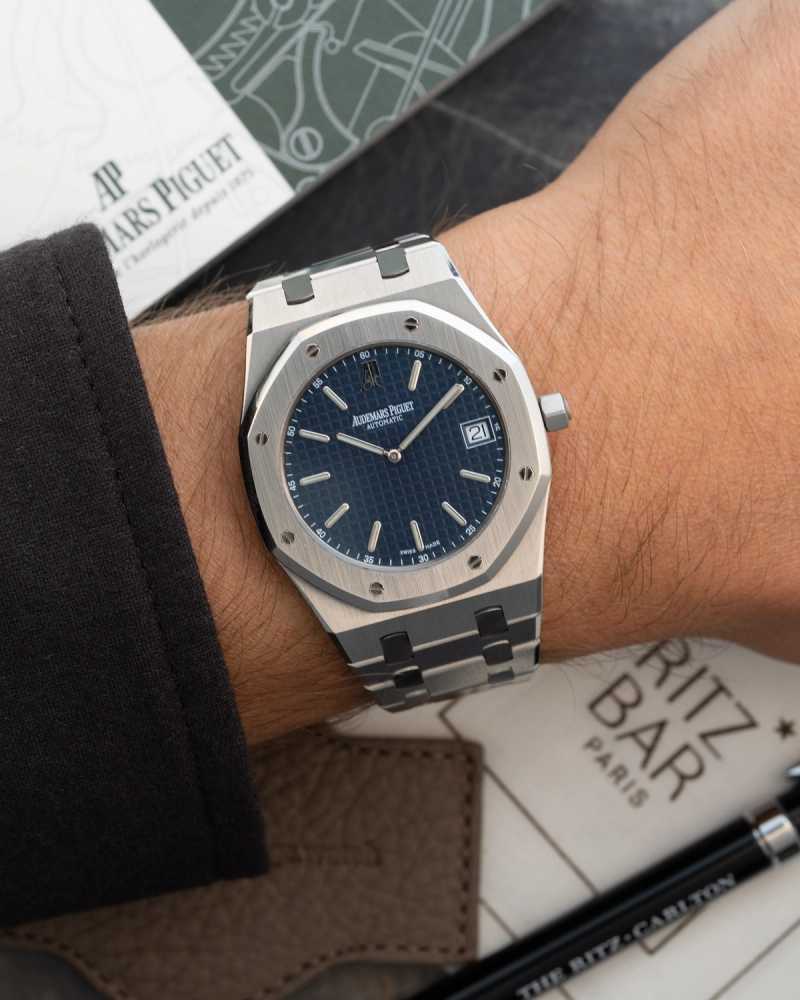 Wrist shot image for Audemars Piguet Royal Oak 15202 Blue 2011 with original box and papers