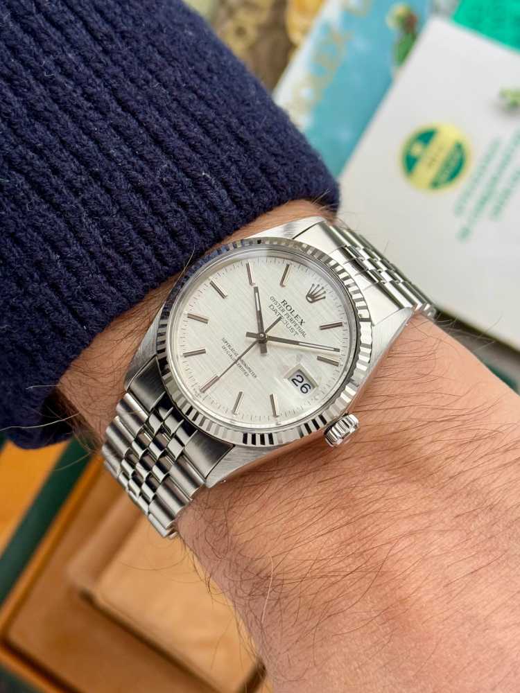 Wrist shot image for Rolex Datejust "Linen" 16014 Silver Linen 1980 with original box and papers