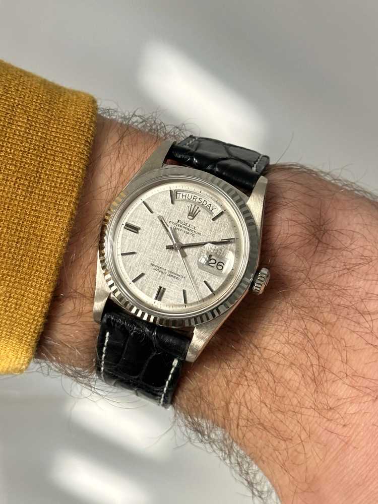 Wrist shot image for Rolex Day-Date 1803-9 Silver Linen 1971 with original box and papers