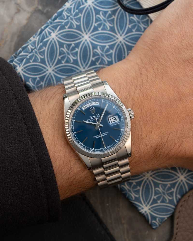 Wrist shot image for Rolex Day-Date 118239 Blue 2002 with original box and papers