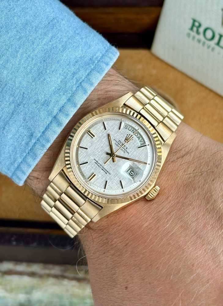 Wrist image for Rolex Day-Date "Linen" 1803 Silver Linen 1972 with original box and papers