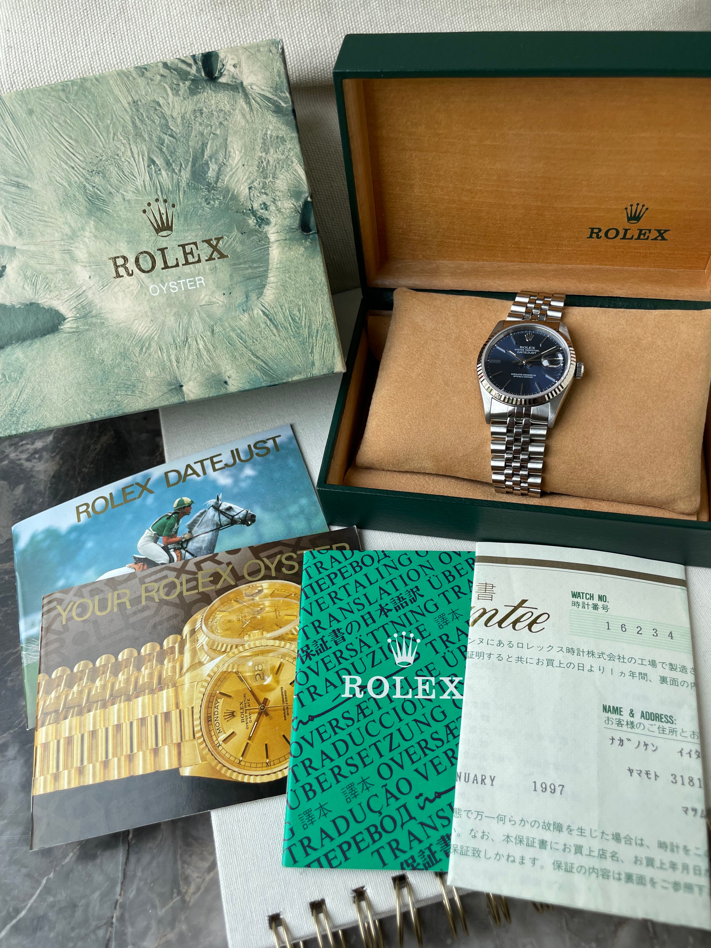 Rolex Datejust 16234 Blue 1995 with original box and papers