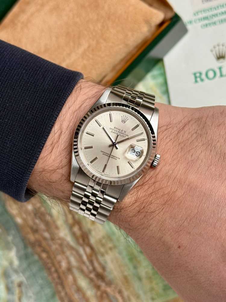 Wrist shot image for Rolex Datejust 16234 Silver 1989 with original box and papers 3