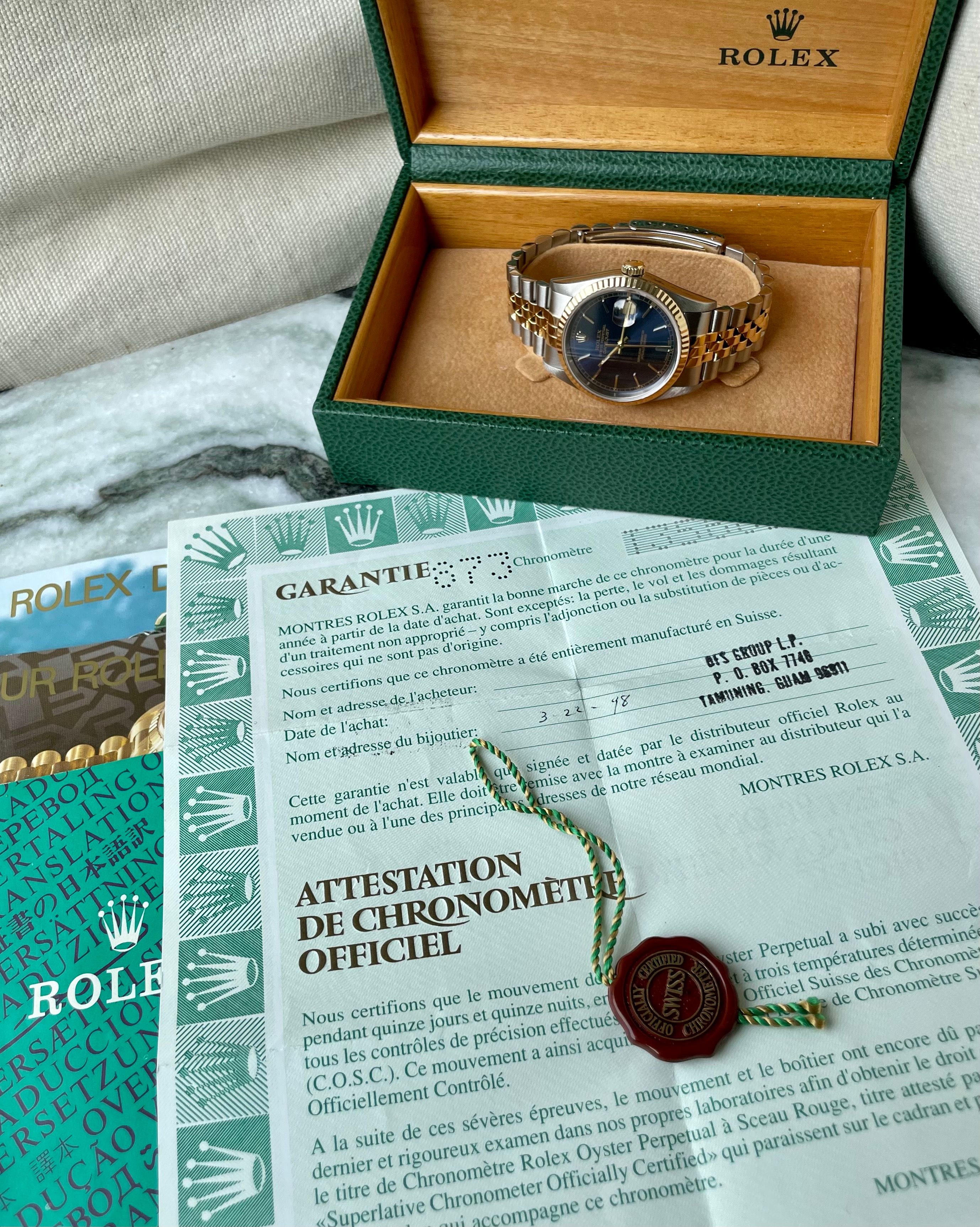 Rolex Datejust 16233 Blue 1996 with original box and papers