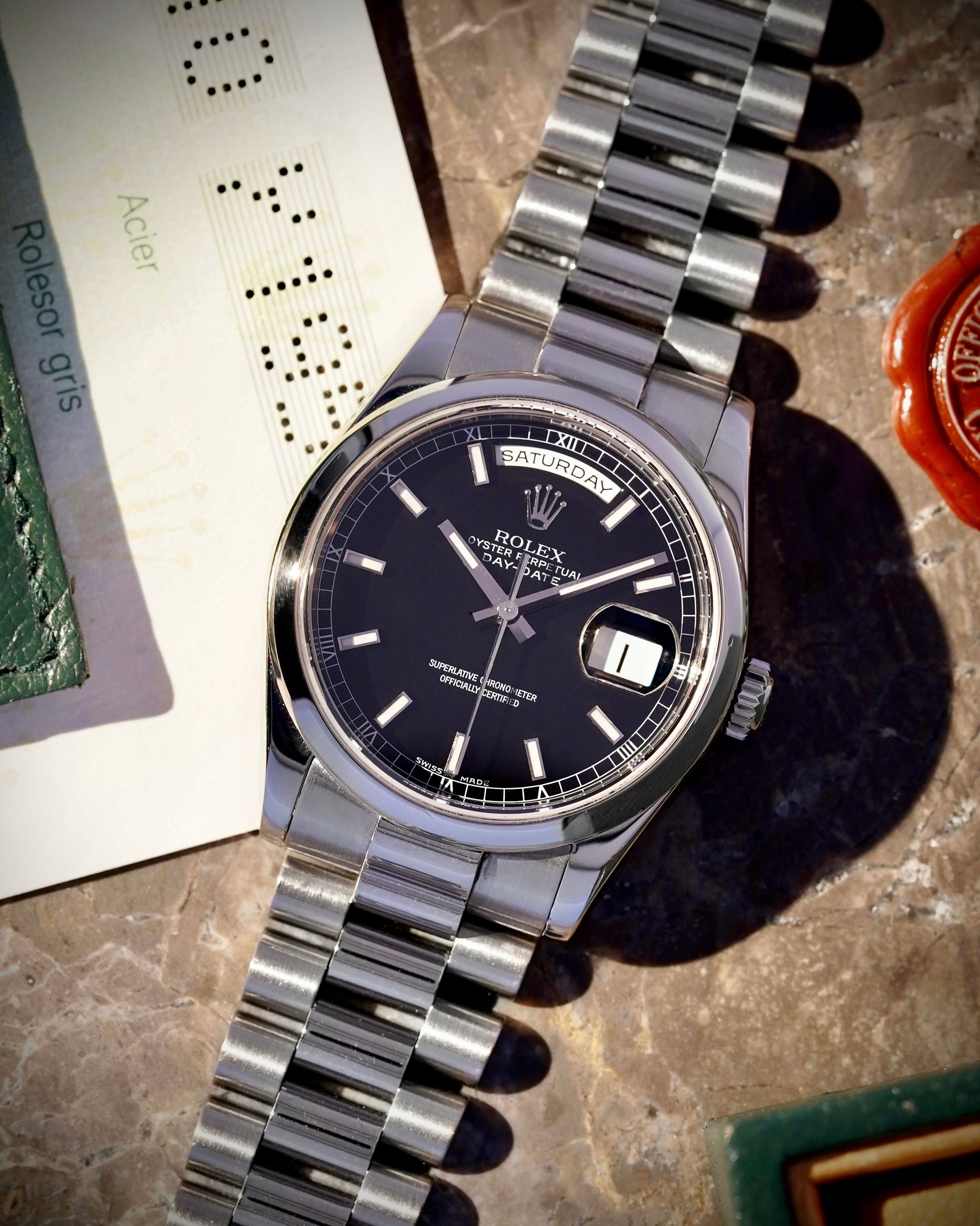 Rolex Day Date 118209 Black 2002 with original box and papers