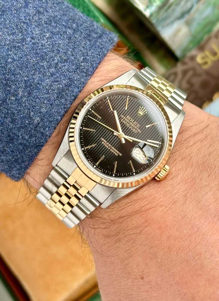 Wrist shot image for Rolex Datejust "Tapestry" 16233 Black 1991 with original box and papers