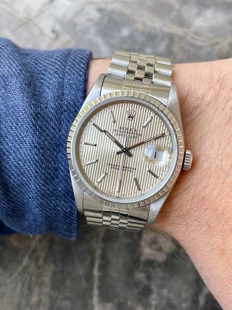 Wrist image for Rolex Datejust "Tapestry" 16220 Silver 1991 with original box