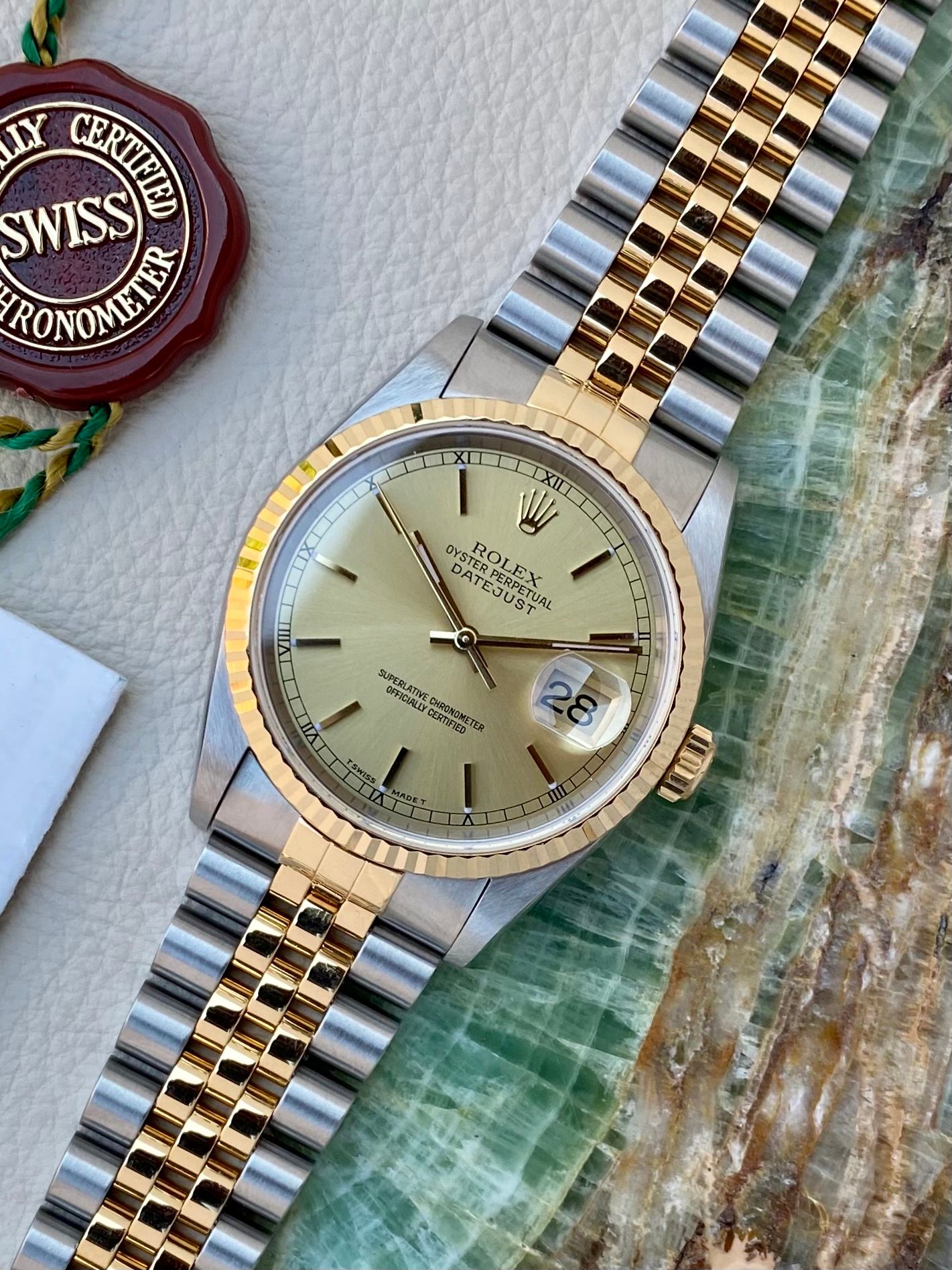 Rolex Datejust Gold Dial 16233 1999 with original box and papers