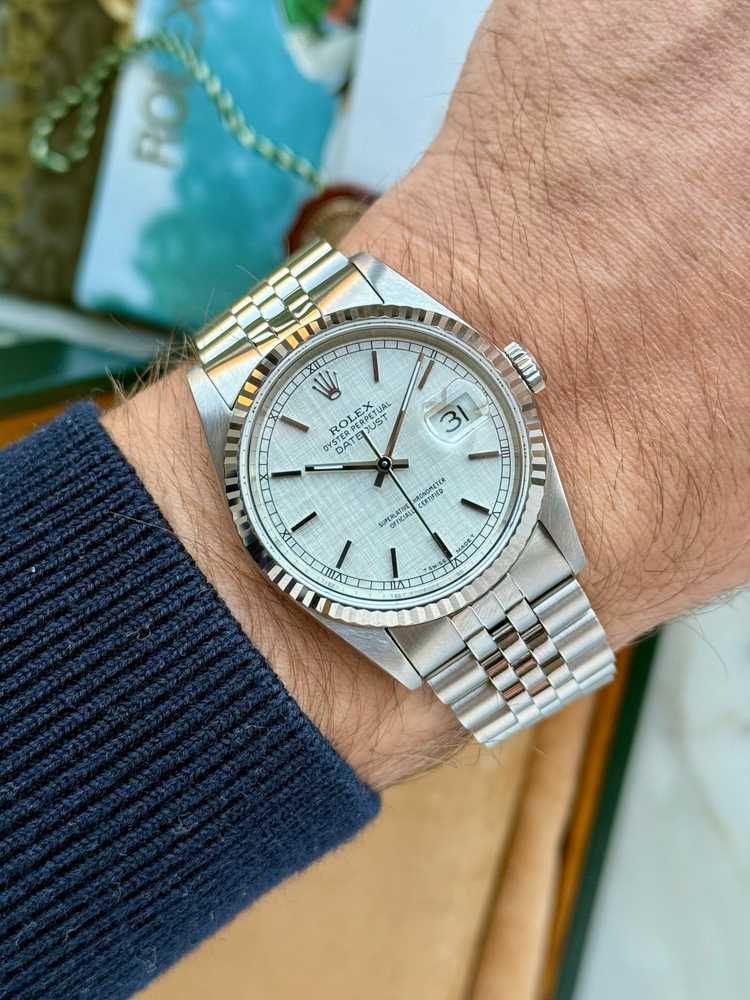 Wrist shot image for Rolex Datejust "Linen" 16234 Silver Linen 1991 with original box and papers