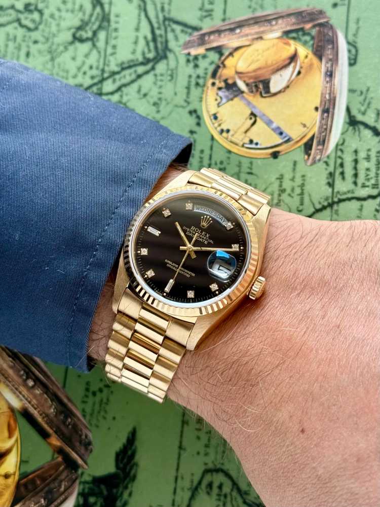 Wrist shot image for Rolex Day-Date "Diamond" 18038 Black 1978 