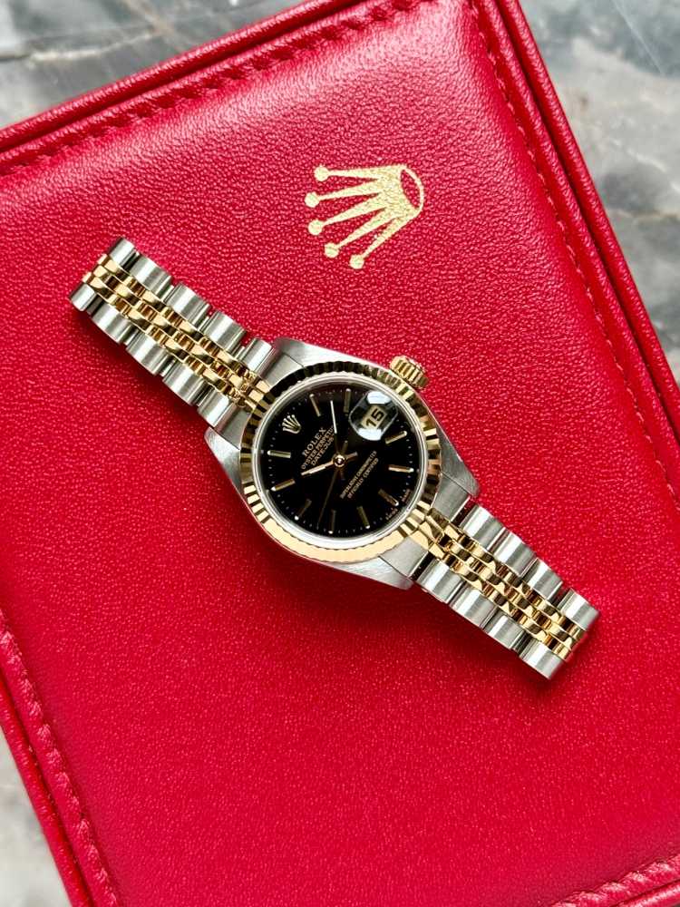 Wrist shot image for Rolex Lady-Datejust 79173 Black 2002 with original box and papers