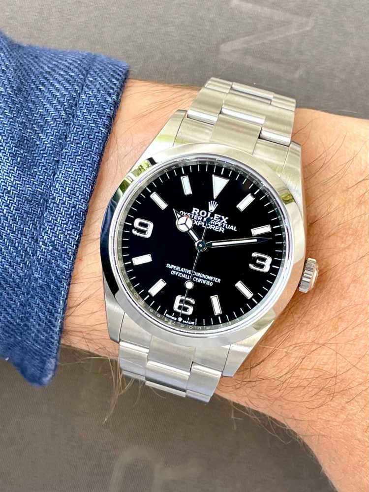Wrist shot image for Rolex Explorer I "NEW" 124270 Black 2022 with original box and papers