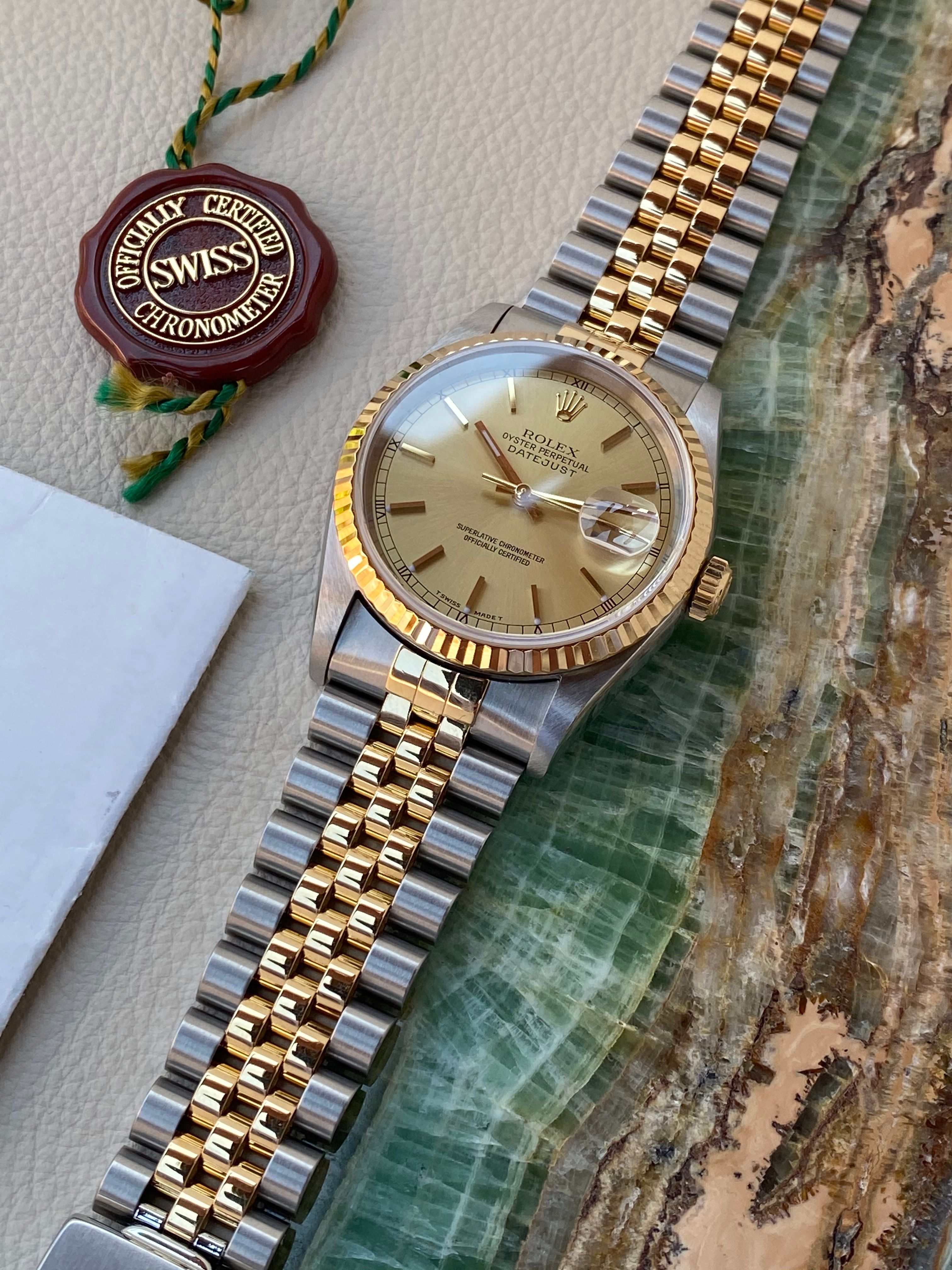 Rolex Datejust Gold Dial 16233 1999 with original box and papers