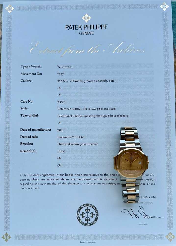 Image for Patek Philippe Nautilus 2-tone 3800 Gold 1994 with original box and papers