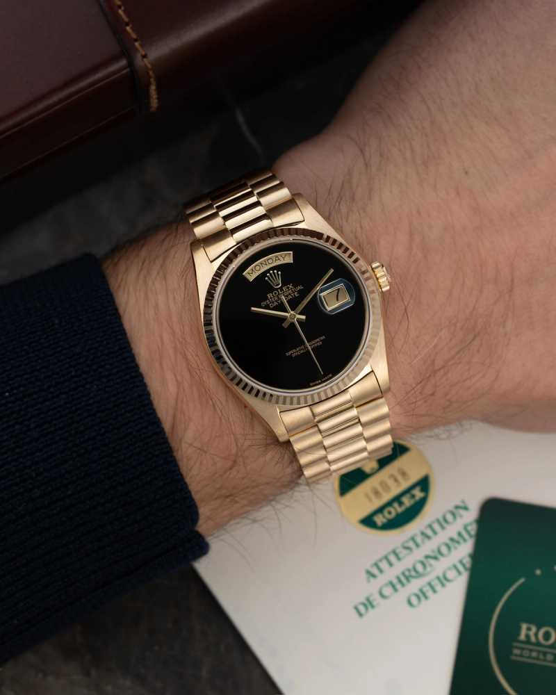 Wrist shot image for Rolex Day-Date "Onyx" 18038 Black 1978 with original box and papers