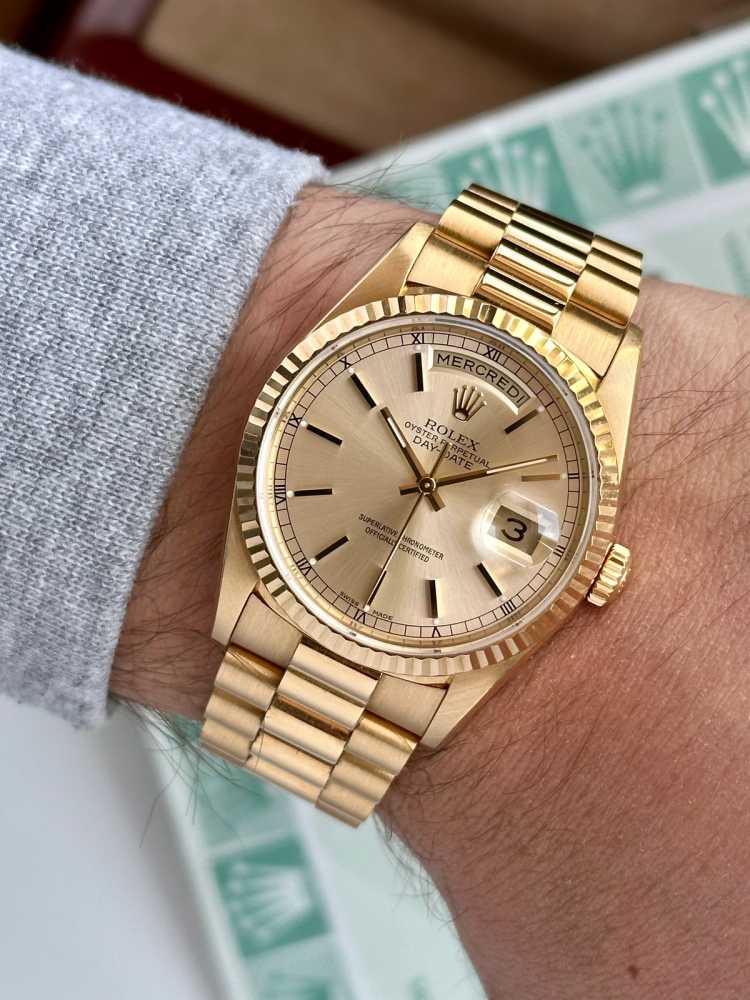 Wrist shot image for Rolex Day-Date 18238 Gold 1994 with original box and papers