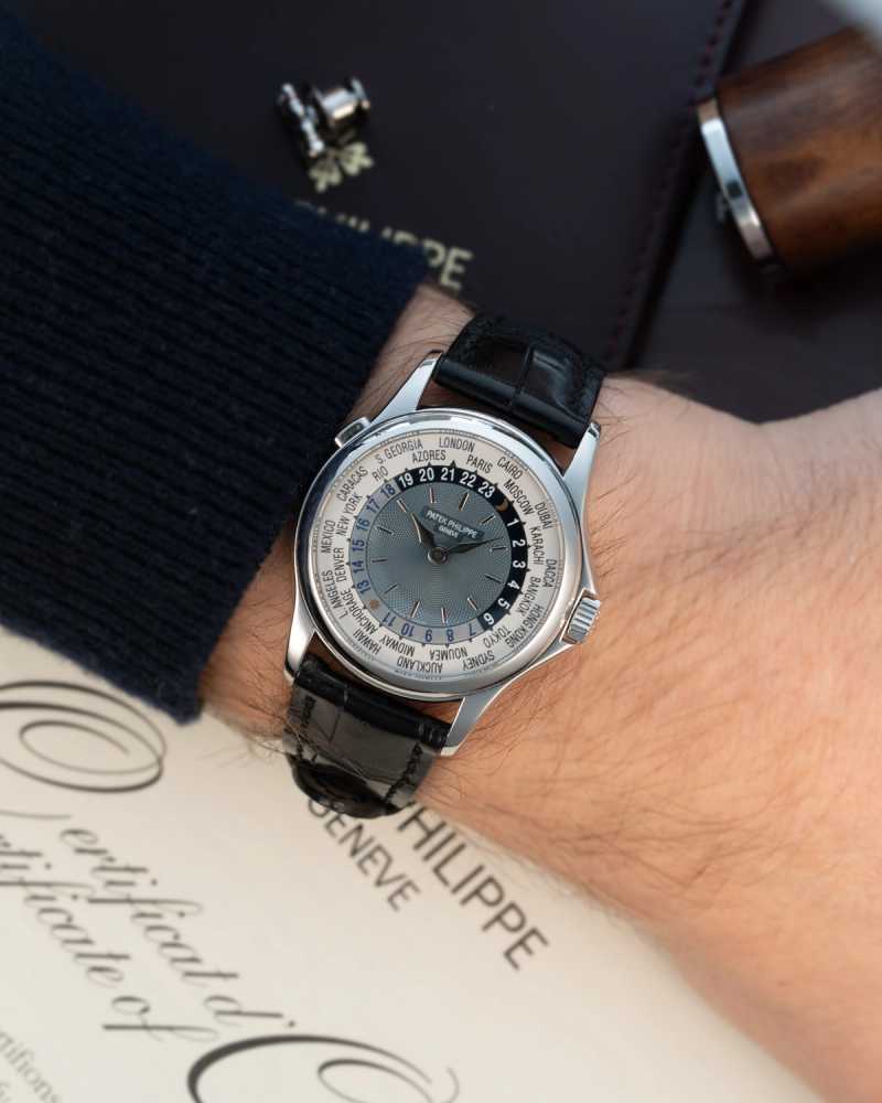 Wrist shot image for Patek Philippe World Time "Platinum" 5110 P White 2004 with original box and papers