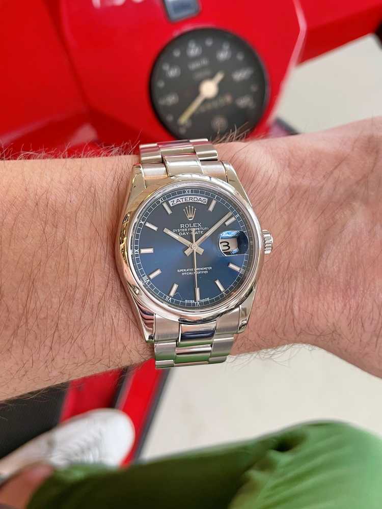 Wrist image for Rolex Day-Date 118209 Blue 2000 with original box and papers