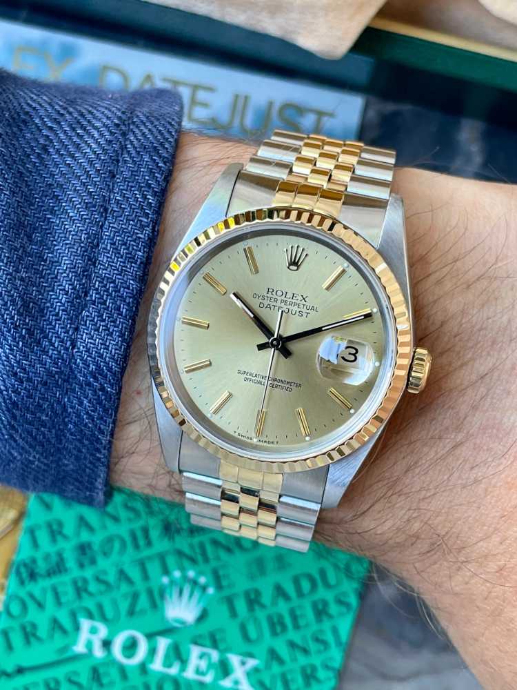 Wrist shot image for Rolex Datejust 16233 Gold 1989 with original box and papers