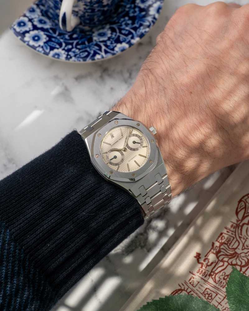 Wrist shot image for Audemars Piguet Royal Oak Day-Date ”Owl" 25572ST Cream 1992 with original box and papers
