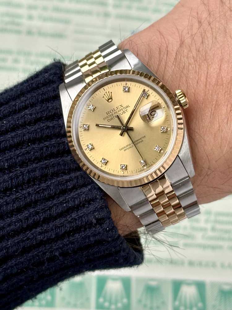 Wrist shot image for Rolex Datejust "Diamond" 16233G Gold 1989 with original box and papers