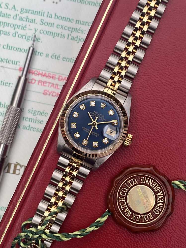 Featured image for Rolex Lady Datejust "diamond" 69173G Blue 1995 with original box and papers