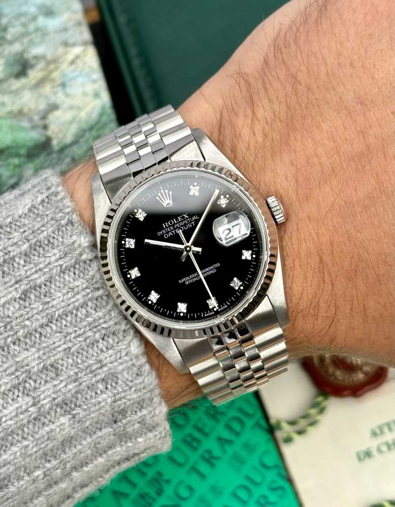Wrist image for Rolex Datejust "Diamond" 16234 G Black 1988 with original box and papers