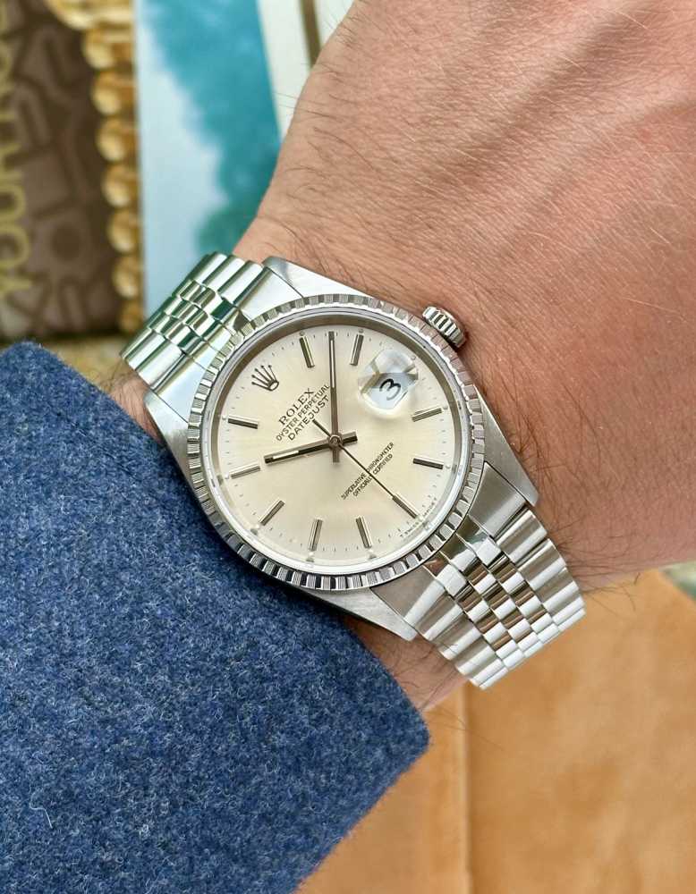 Wrist shot image for Rolex Datejust 16220 Silver 1999 with original box and papers