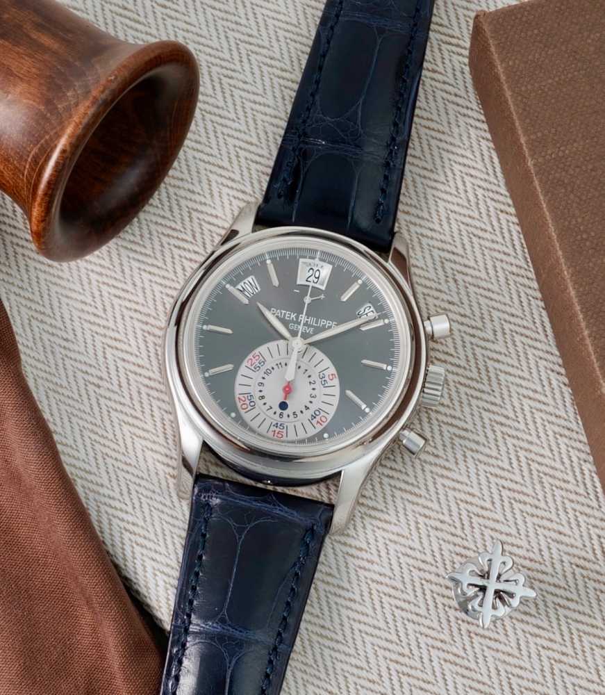 Featured image for Patek Philippe Annual Calendar Chronograph "Platinum" 5960P Grey 2008 with original box and papers