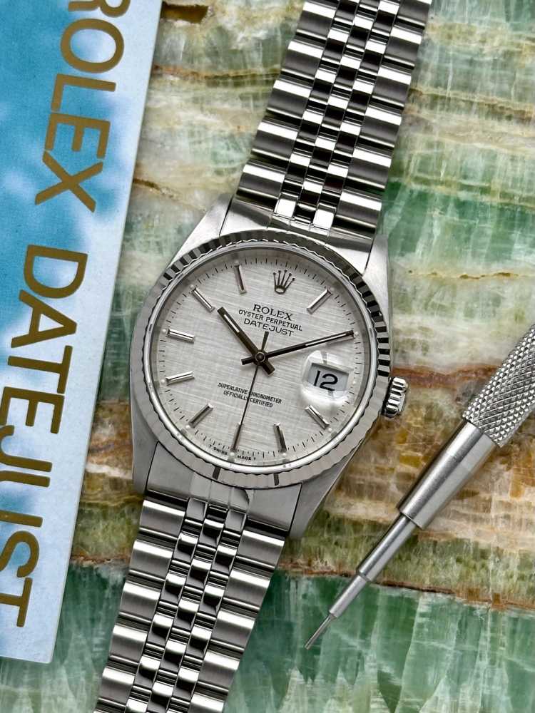 Featured image for Rolex Datejust "Linen" 16234 Silver Linen 1990 with original box and papers