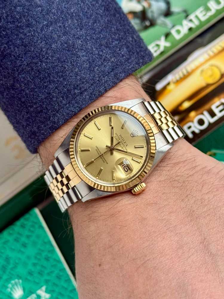 Wrist shot image for Rolex Datejust 16013 Gold 1987 with original box and papers