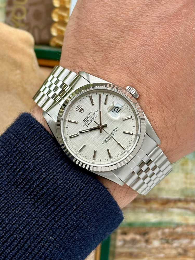 Wrist image for Rolex Datejust "Linen" 16234 Silver Linen 1990 with original box and papers